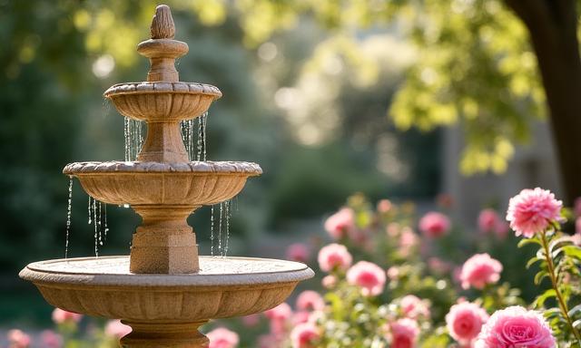 Fontana in pietra scolpita circondata da rose