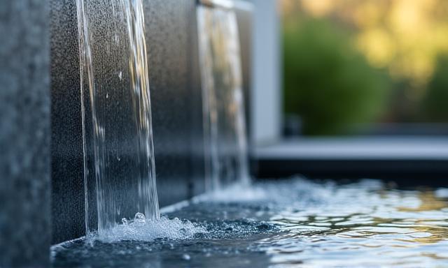 Fontana minimalista in acciaio scuro in un patio moderno