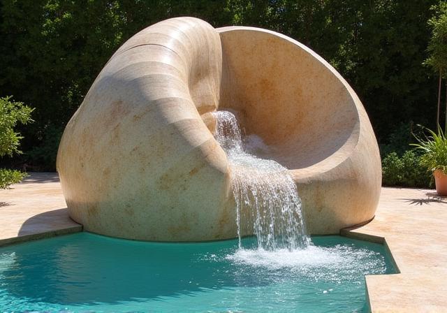 Fontana scultorea a forma di conchiglia in un giardino moderno